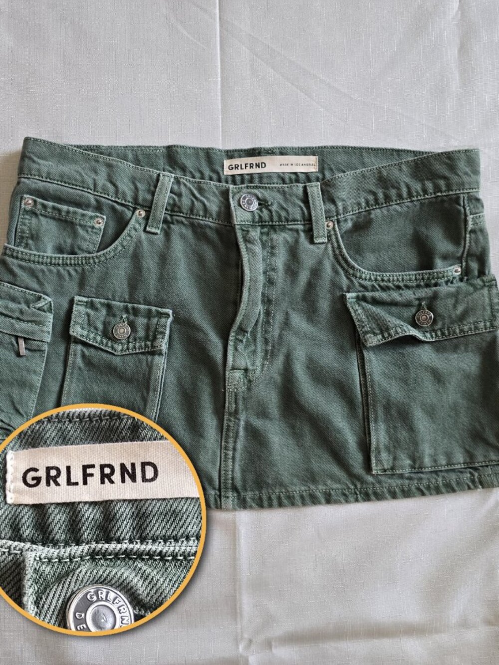 GRLFRND Cargo Denim Mini Skirt Army Green Utility Made in LA Size 27